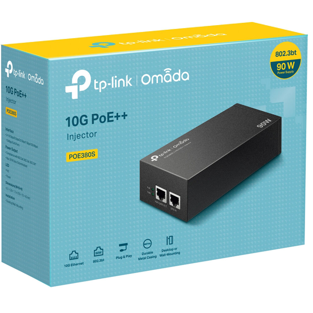 Omada 10G PoE++ Injector Adapter PORT: 1 10Gbps PoE Port, 1 10Gbps Non-PoE Port SPEC: 802.3bt/at/af Compliant, 90 W PoE Power, Data and Power Carried over the same cable, Steel Case — view 4