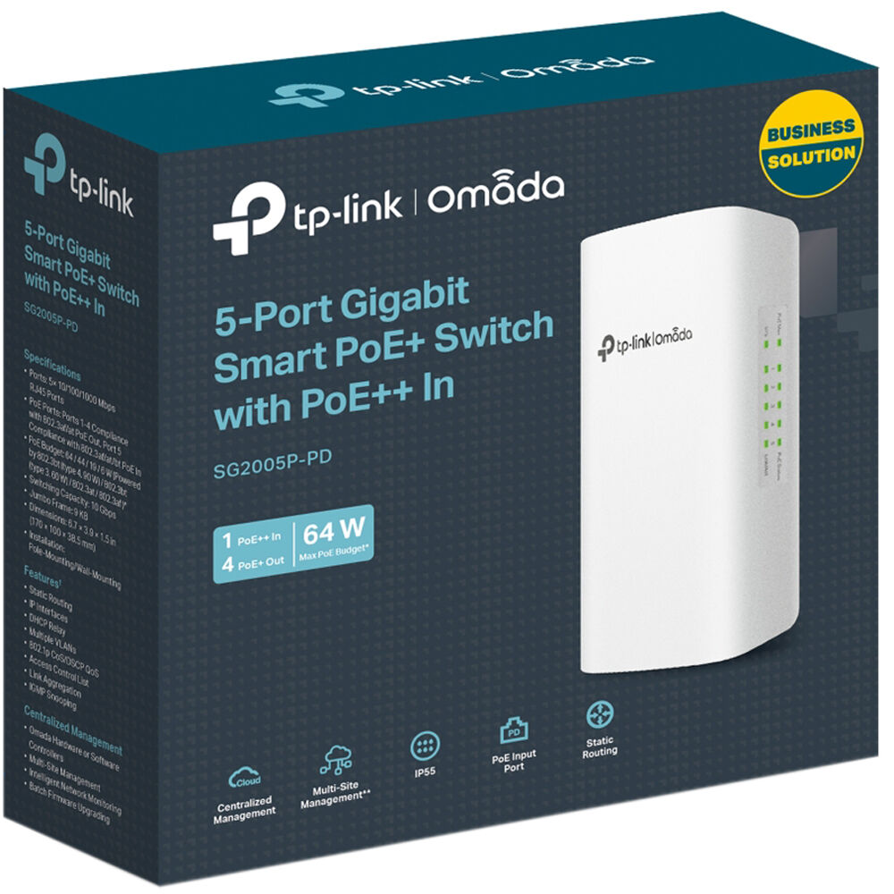 Omada 5-port Gigabit smart switch with 1 PoE++ input port and 4 PoE+ output ports — view 5