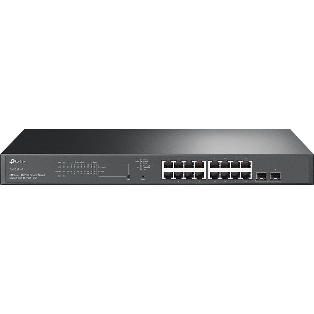 Omada 18-Port POE+ Gigabit Smart Switch with 2 SFP Slots Port: 16 Gigabit RJ45 Ports, 2 Gigabit SFP Slots Spec: 802.3at/Af, 150 W PoE Power, 1u 19-Inch Rack-Mountable Steel Case Feature: Integration with Omada Sdn Controller, Static Routing, 802.1q Vlan, Stp/Rstp/Mstp, Igmp Snooping, 802.1p/Dscp Qos, Acl, 802.1x, Radius/Tacacs+ Authentication, Lacp, Cli, Snmp, Dual Image/Configuration, Ipv6