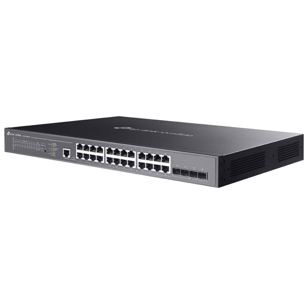TP-Link Omada SG3428XMPP 24-port PoE+ managed switch with rack-mountable design and 10 Gigabit Ethernet uplinks — view 3