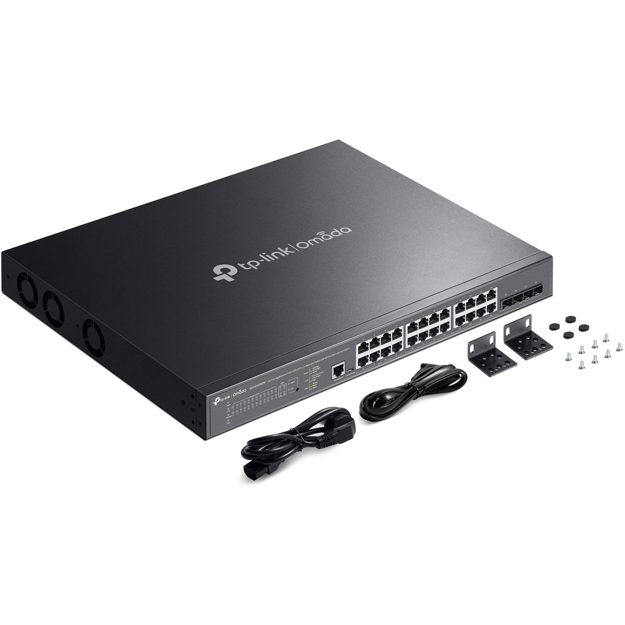 TP-Link Omada SG3428XMPP 24-port PoE+ managed switch with rack-mountable design and 10 Gigabit Ethernet uplinks — view 6