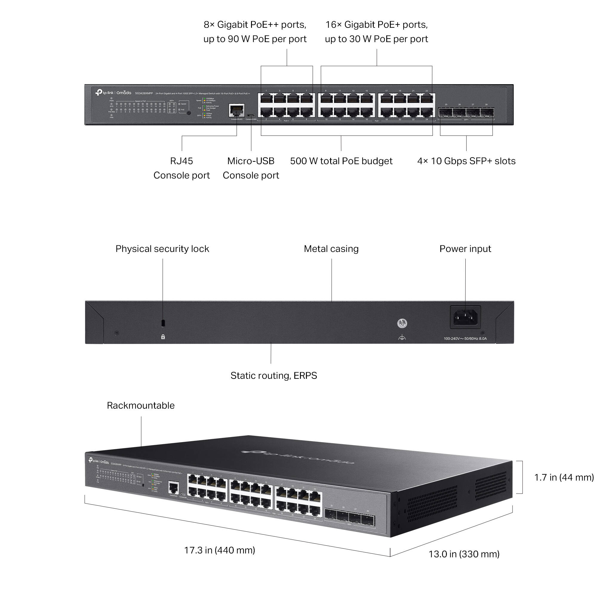 TP-Link Omada SG3428XMPP 24-port PoE+ managed switch with rack-mountable design and 10 Gigabit Ethernet uplinks — view 7