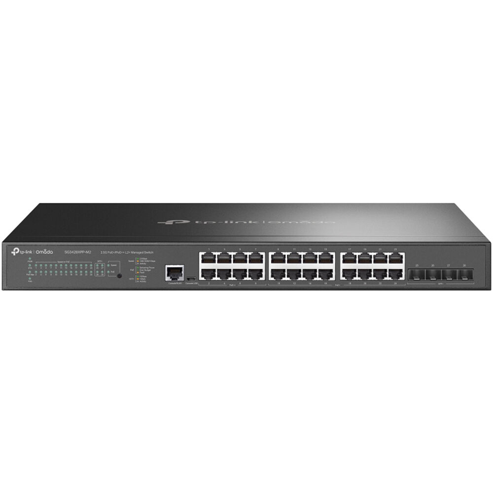 Omada 24-Port 2.5gbase-T and 4-Port 10ge SFP+ L2+ Managed Switch with 16-Port POE+ & 8-Port Poe++. Port: 16 2.5g POE+ Ports, 8 2.5g Poe++ Ports, 4 10g SFP+ Slots, RJ45/Micro-USB Console Port Spec: 802.3bt/at/Af, 500 W PoE Power, 1u 19-Inch Rack-Mountable Steel Case; Feature: Integration with Omada Sdn Controller, Static Routing, Oam, Ddm, 802.1q Vlan, Qinq, Stp/Rstp/Mstp, Igmp Snooping, 802.1p/Dscp Qos, Acl, 802.1x, Radius/Tacacs+ Authentication, Lacp, Cli, Snmp, Dual Image/Configuration, Ipv6