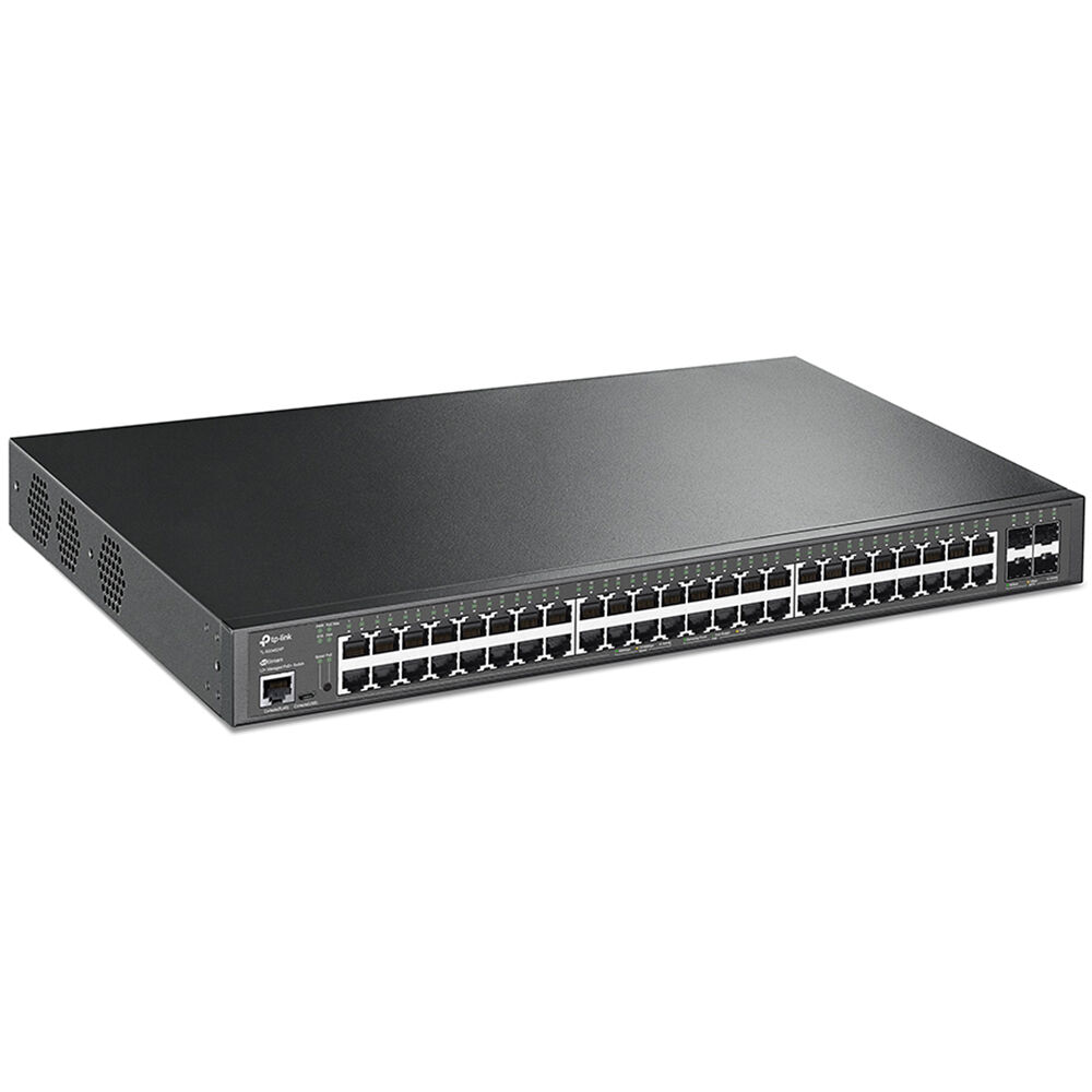 Omada 48-Port Gigabit and 4-Port 10GE SFP+ L2+ Managed Switch with 48-Port PoE+ PORT: 48 Gigabit PoE+ Ports, 4 10G SFP+ Slots, RJ45/Micro-USB Console Port SPEC: 802.3at/af, 500 W PoE Power, 1U 19-inch Rack-mountable Steel Case FEATURE: Integration with JetStream SDN Controller,Static Routing, OAM, DDM, sFlow, 802.1Q VLAN, QinQ, STP/RSTP/MSTP, IGMP Snooping, 802.1p/DSCP QoS, ACL, 802.1x, Radius/Tacacs+ Authentication, LACP, CLI, SNMP, Dual Image/Configuration, IPv6 — view 2