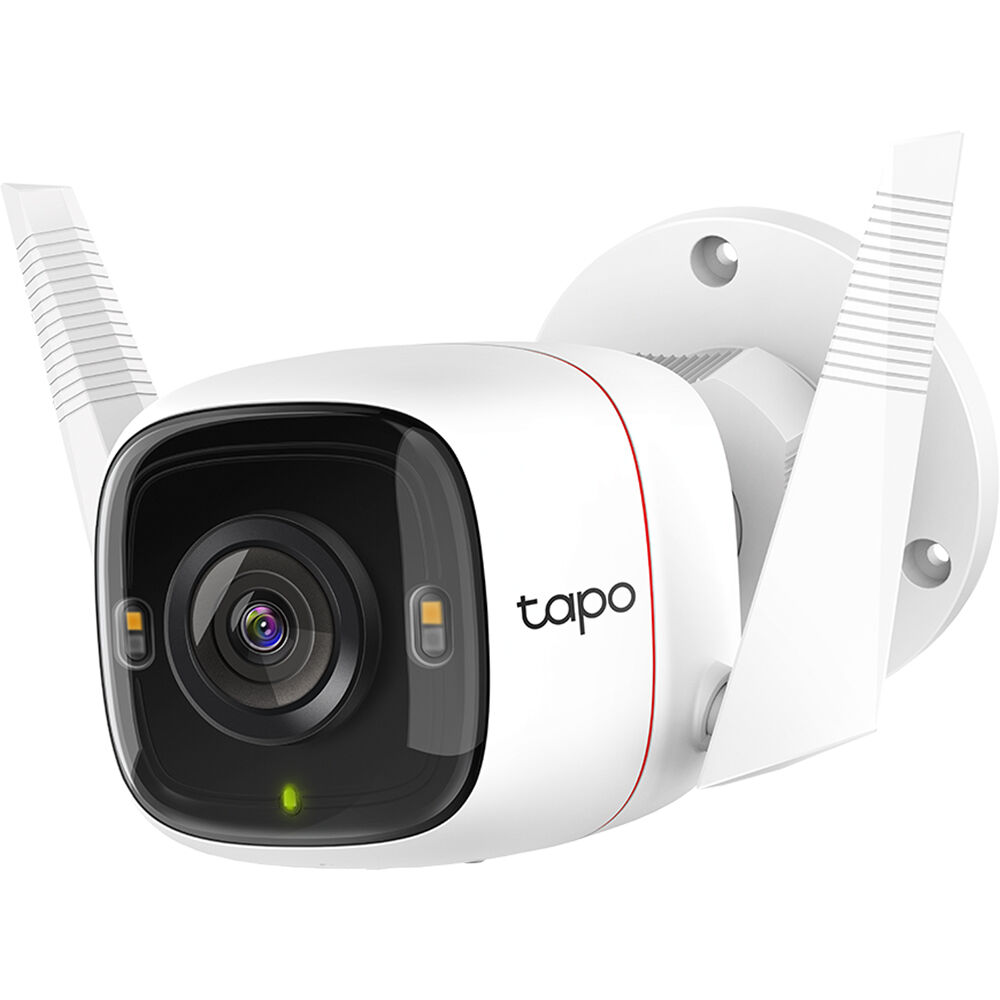 Outdoor Security Wi-Fi Camera. Spec: 2k Qhd (2560x1440), 2.4 Ghz, 2t2r, 2 External Antennas, 1 Ethernet Port; Feature: Smart Ai Detection and Notifications (Motion, People, Cars), Color Night Vision, Sound and Light Alarm, Remote Control, Two-Way Audio, Voice Control (Works with Google Assistant and Alexa), Local Storage Through Microsd Card (up to 512 GB), Tapo App, Weatherproof (Ip66), Night Vision (up to 30 M), Frustration-Free Setup (Ffs)