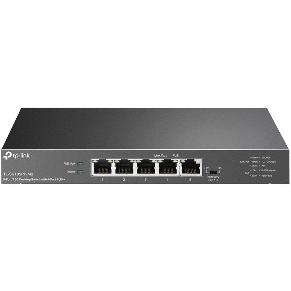 5-Port 2.5g Desktop Switch with 4-Port Poe++ Port: 4 2.5g Poe++ Ports, 1x 2.5g Non-PoE Port Spec: 802.3af/at/Bt Type3, 123 W PoE Power, Desktop Steel Case Feature: PoE Auto Recovery for Port1-4, Plug and Play