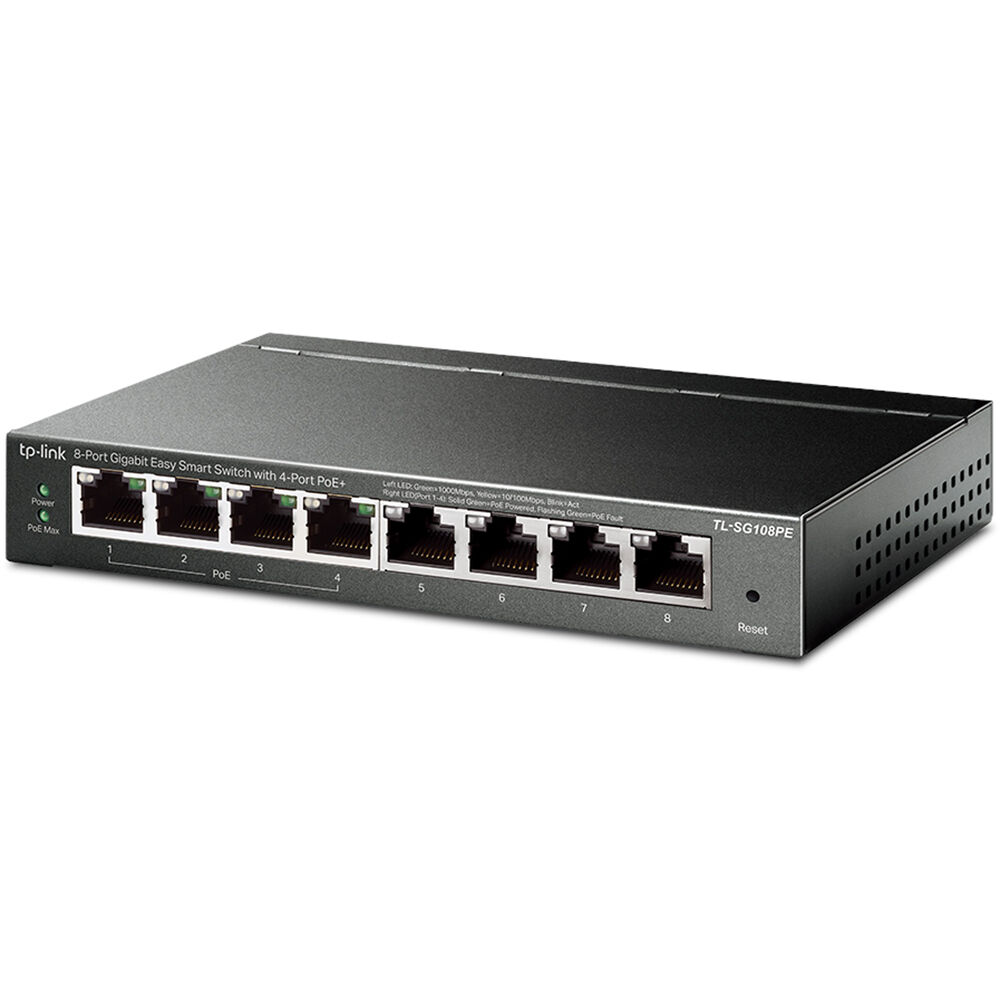 TP-Link TL-SG108PE 8-port Gigabit PoE Easy Smart Switch desktop front view — view 2