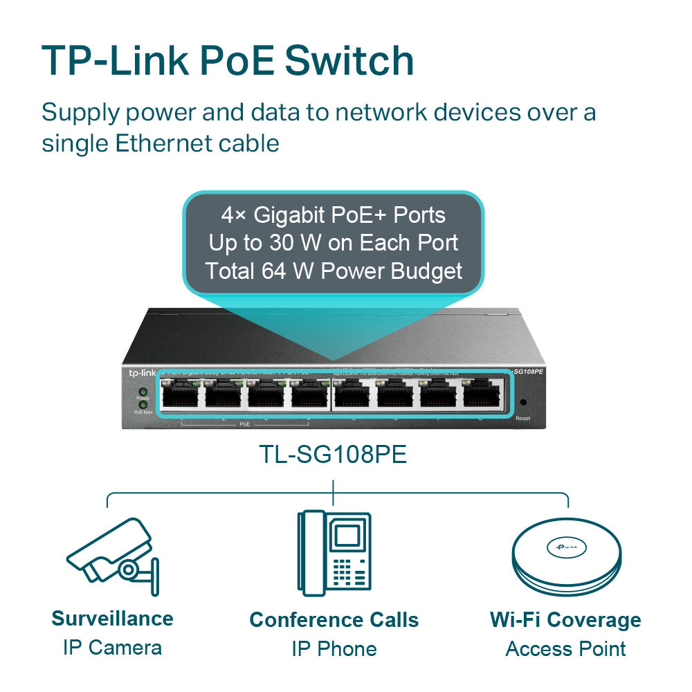TP-Link TL-SG108PE 8-port Gigabit PoE Easy Smart Switch desktop front view — view 5