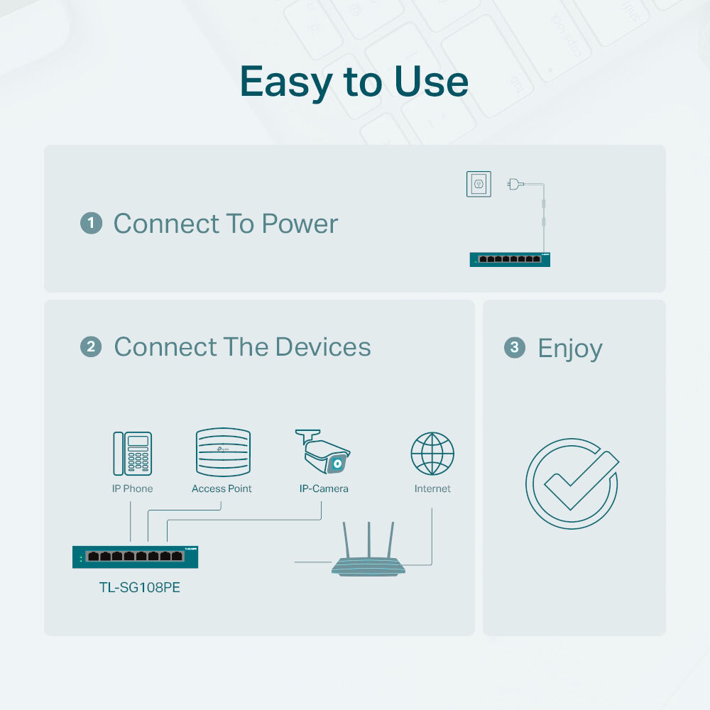 TP-Link TL-SG108PE 8-port Gigabit PoE Easy Smart Switch desktop front view — view 7