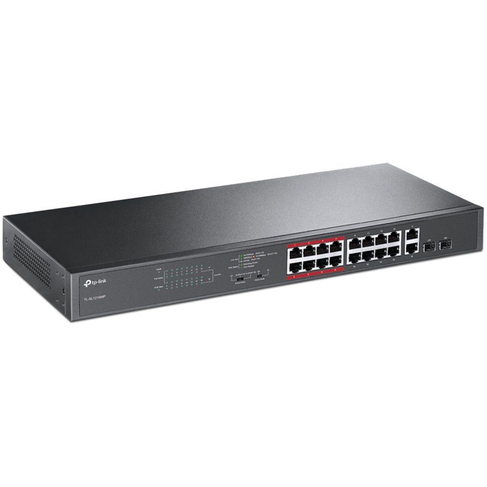 TP-Link TL-SL1218MP 16-port PoE switch with 2 uplink ports for small network deployments — view 2