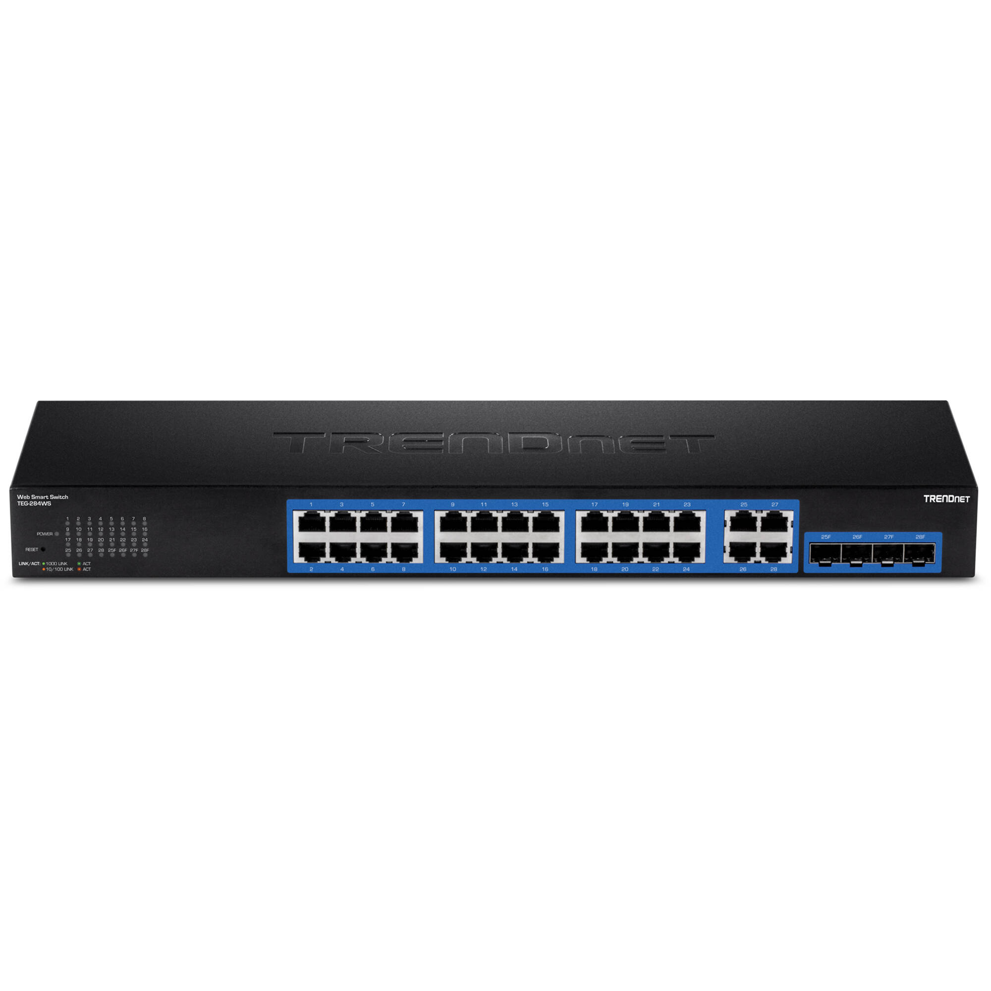 TRENDnet TEG-284WS 28-port Gigabit WebSmart managed switch front view — view 2