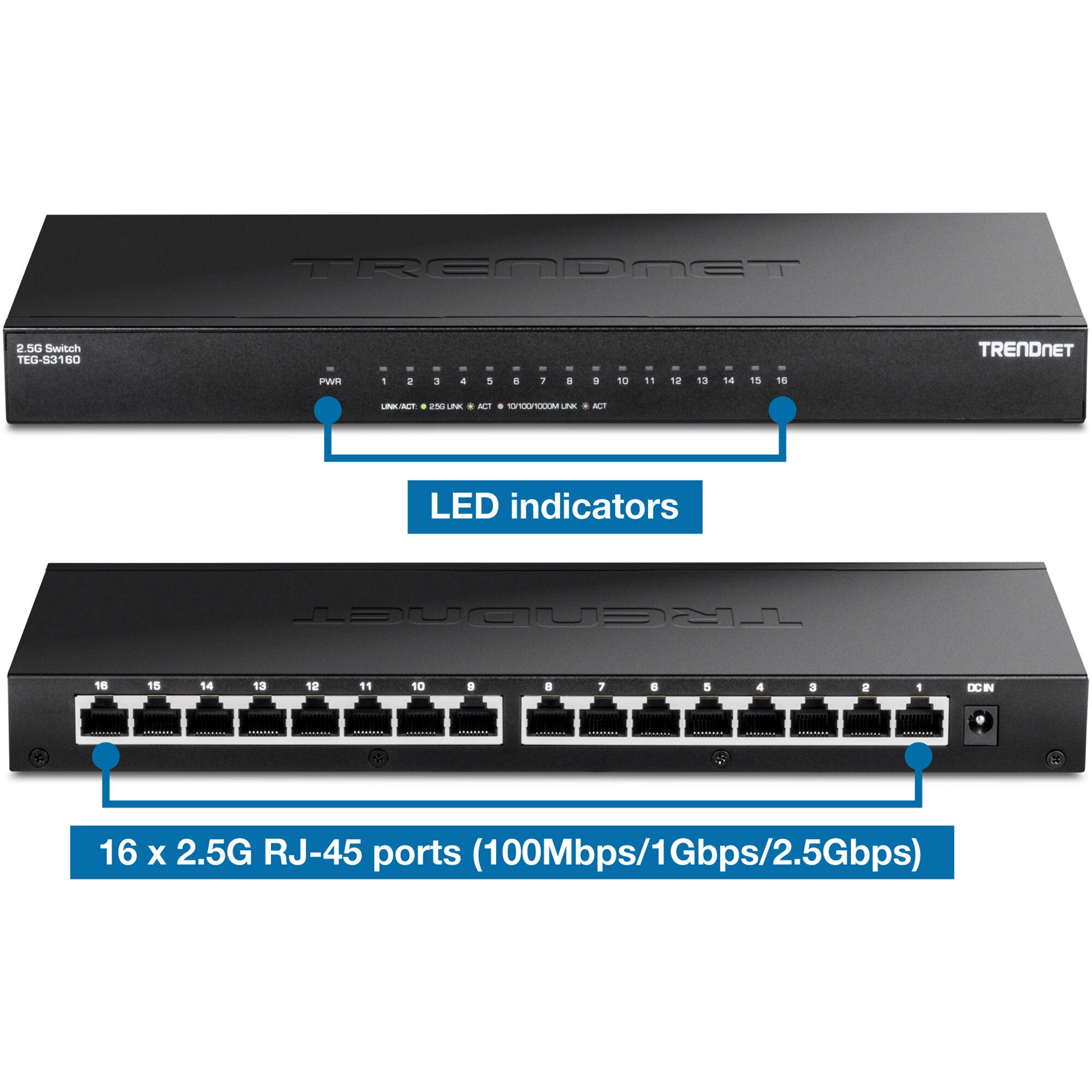 TRENDnet TEG-S3160 16-port unmanaged 2.5 Gigabit Ethernet switch for rack, wall, or desktop deployment — view 5