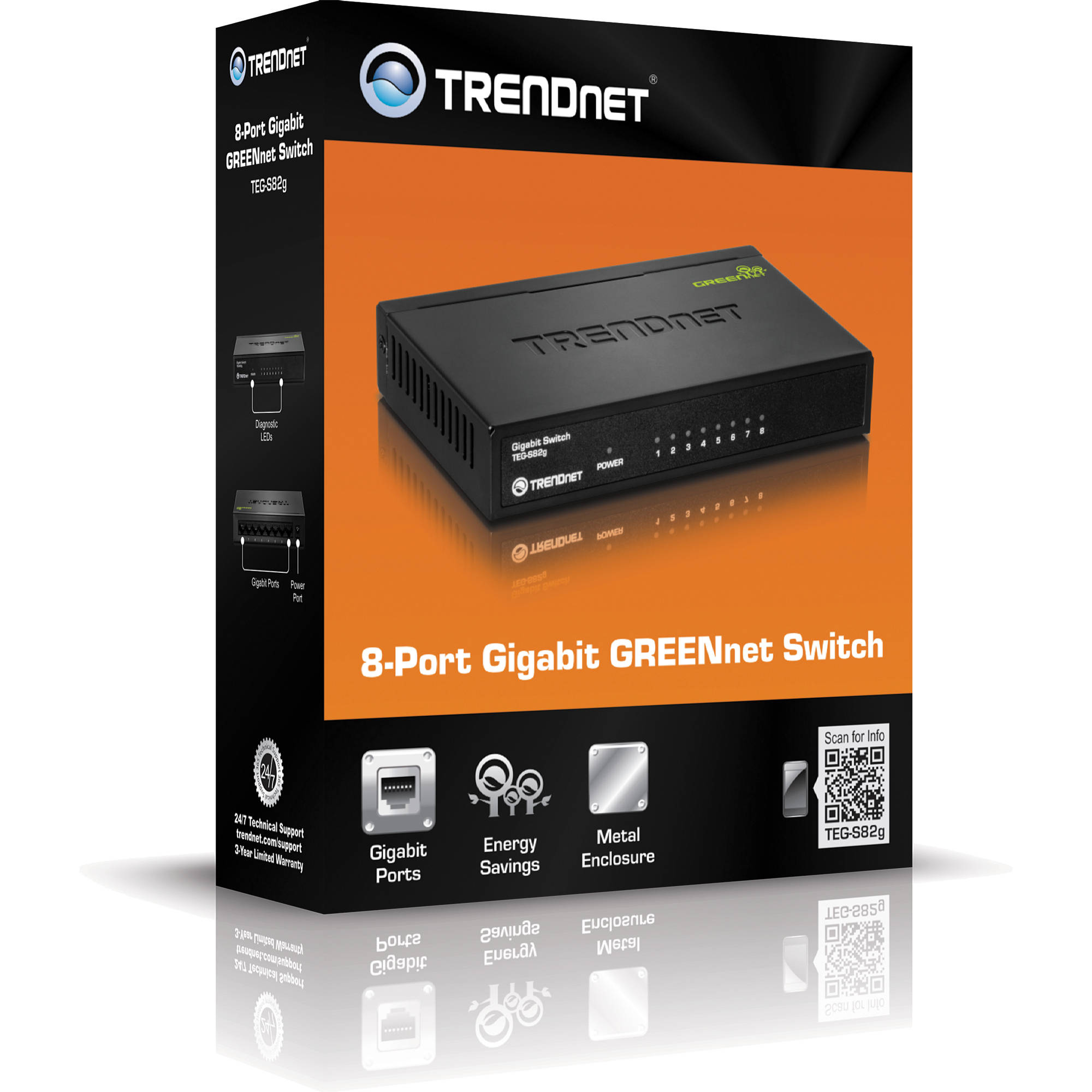 TRENDnet GREENnet TEG-S82G 8-port Gigabit unmanaged desktop switch with metal chassis — view 4