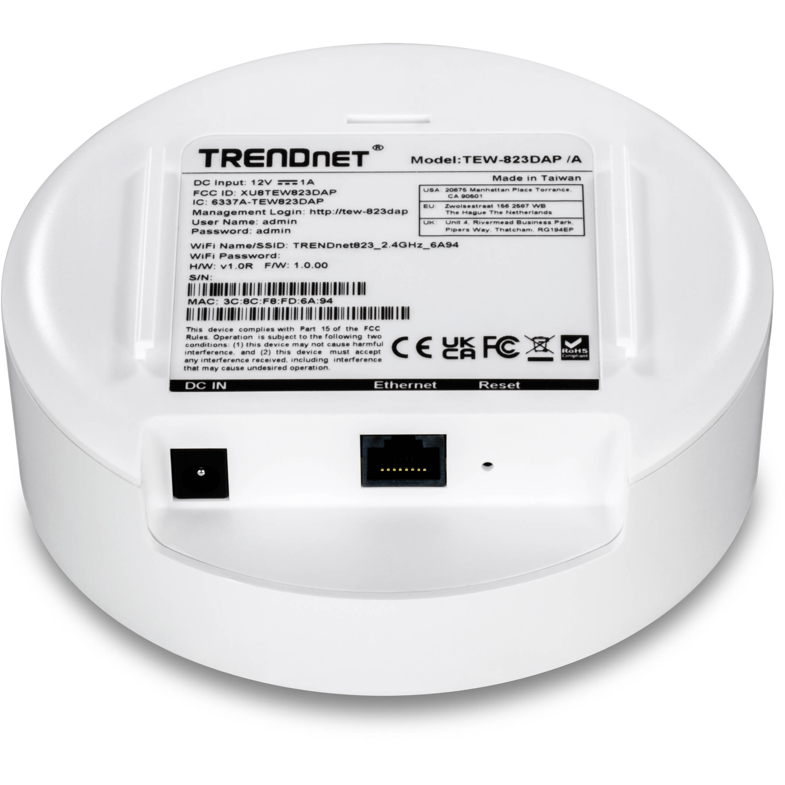 TRENDnet TEW-823DAP AC1300 dual-band PoE indoor access point with wall, ceiling, and plate mounting support — view 4