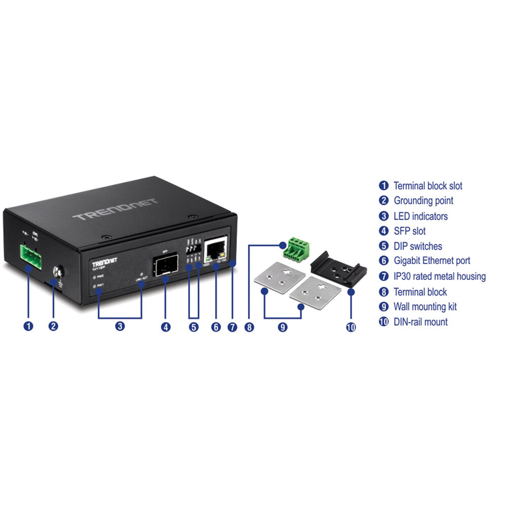 TRENDnet TI-F11SFP industrial 100/1000 Base-T to SFP media converter with rail-mountable enclosure — view 5