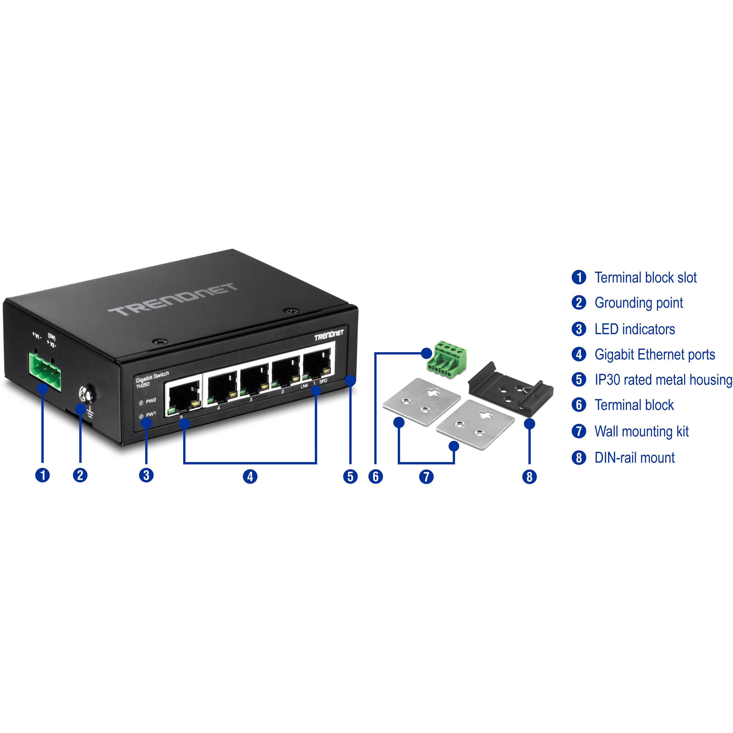 TRENDnet TI-G50 5-port Gigabit DIN-rail industrial switch, rail-mountable unmanaged Layer 2 Ethernet switch — view 4