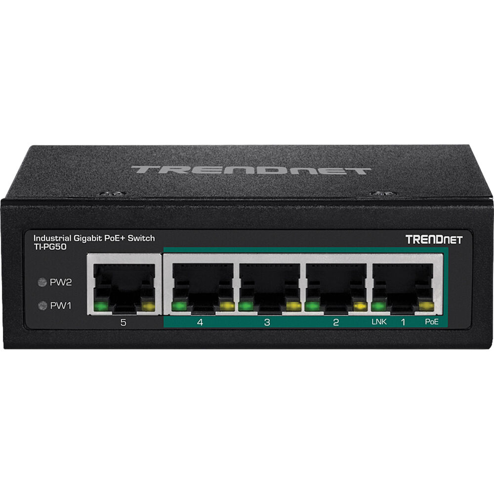 TRENDnet TI-PG50 5-port industrial Gigabit PoE+ switch with 120 W budget for DIN-rail edge networking — view 2