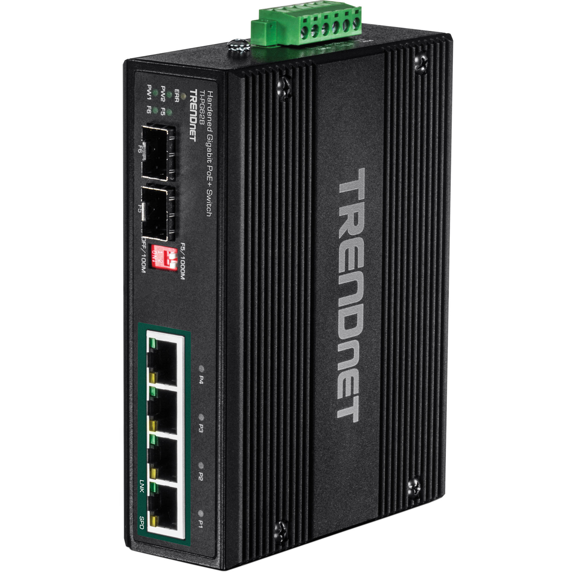 TRENDnet TI-PG62B 6-port industrial Gigabit PoE+ DIN-rail switch with dual redundant 12-56 VDC inputs — view 3