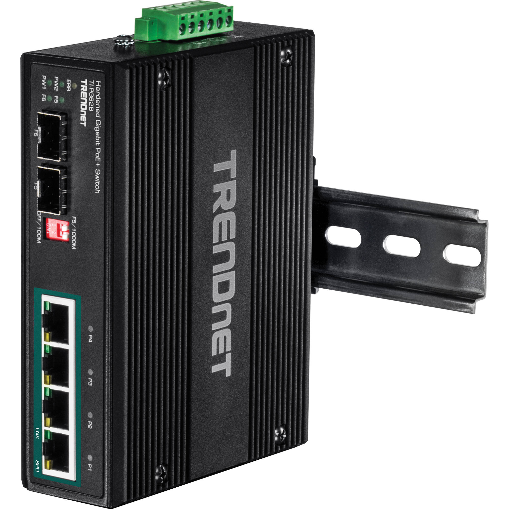 TRENDnet TI-PG62B 6-port industrial Gigabit PoE+ DIN-rail switch with dual redundant 12-56 VDC inputs — view 6