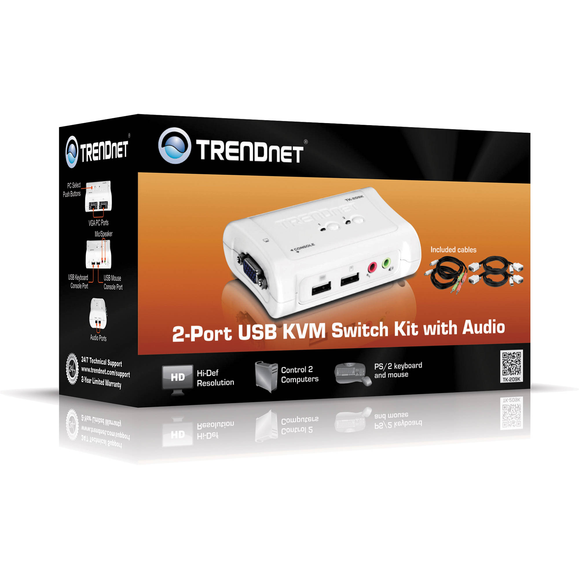 TRENDnet TK-209K 2-port USB KVM switch kit with audio and included cables — view 5
