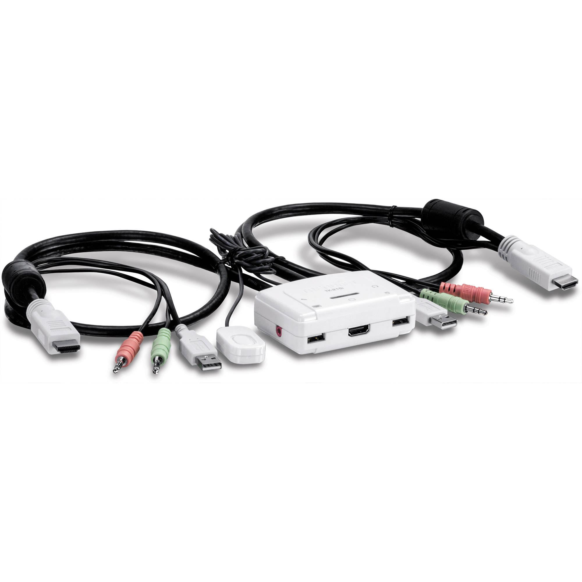 TRENDnet TK-215I 2-port HDMI KVM switch with integrated cables and toggle switch for dual-computer control — view 2