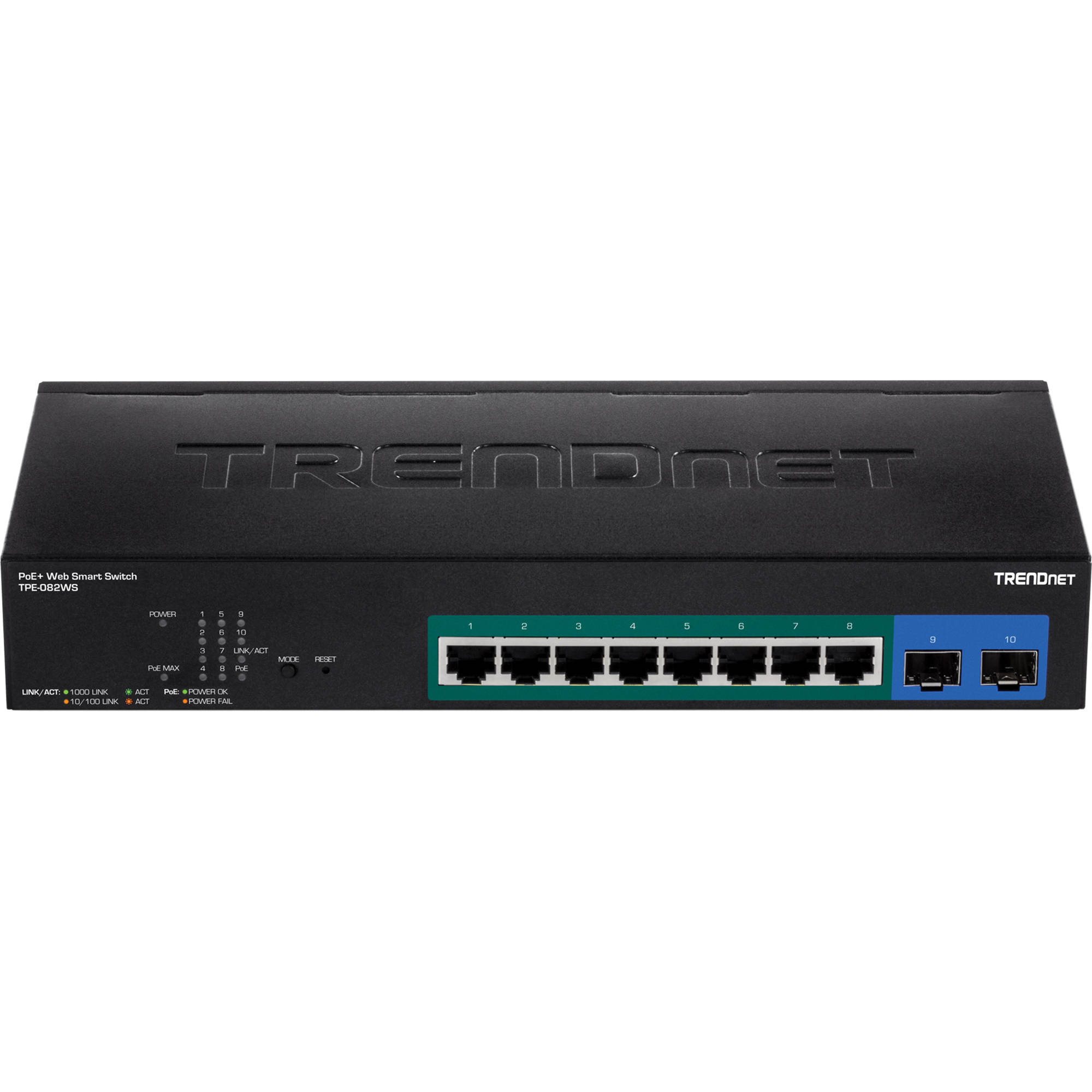 TRENDnet TPE-082WS 10-port Gigabit Web Smart PoE+ rack-mount switch with 8 PoE+ ports — view 2