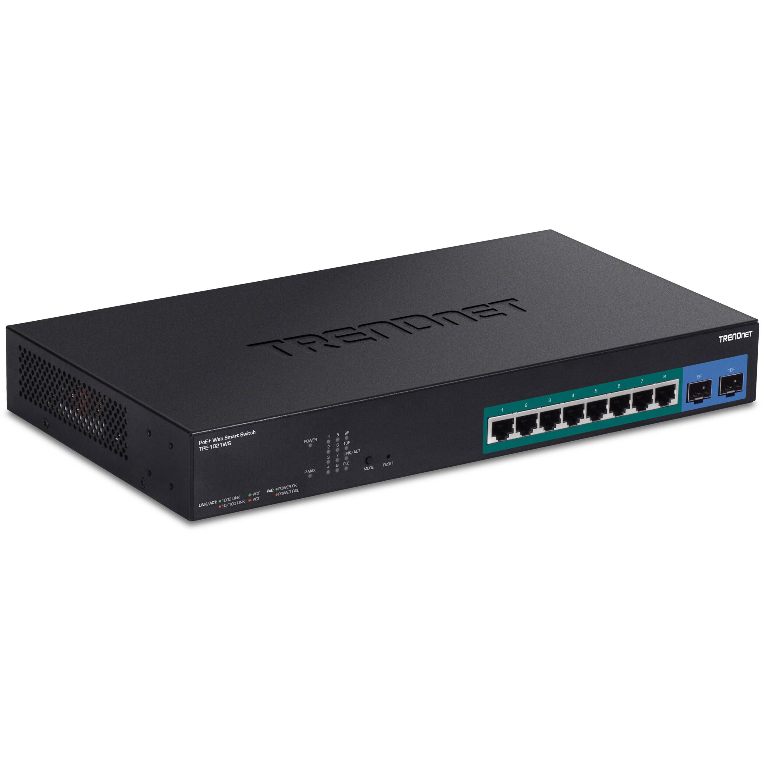 TRENDnet TPE-1021WS 10-port Gigabit Web Smart PoE+ switch with 2 SFP slots and 1U rack-mount design — view 2