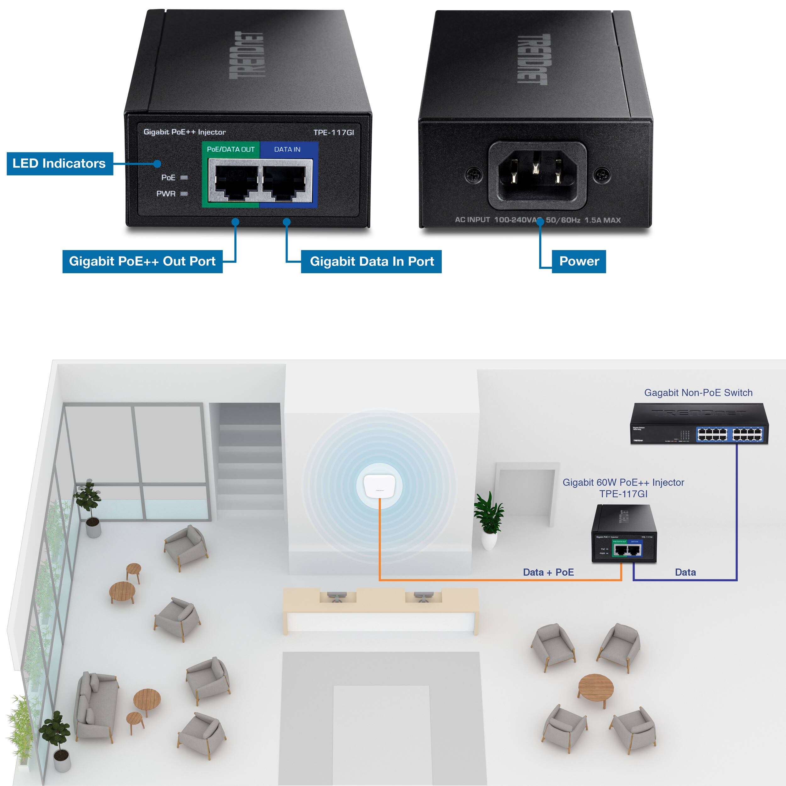 TRENDnet TPE-117GI Gigabit Ultra PoE+ injector for powering a single network device — view 5