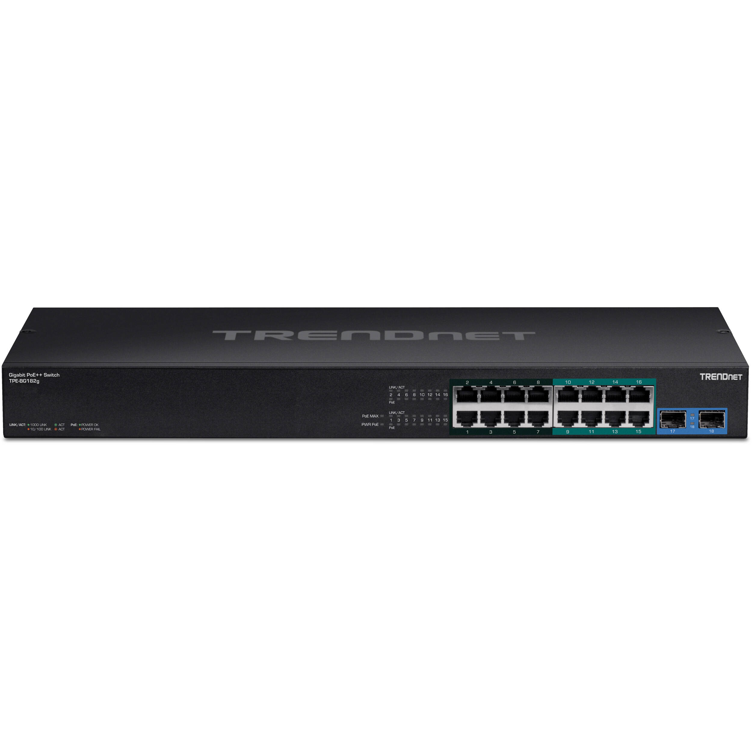 TRENDnet TPE-BG182G 18-port Gigabit PoE++ rack-mount switch with SFP expansion — view 2