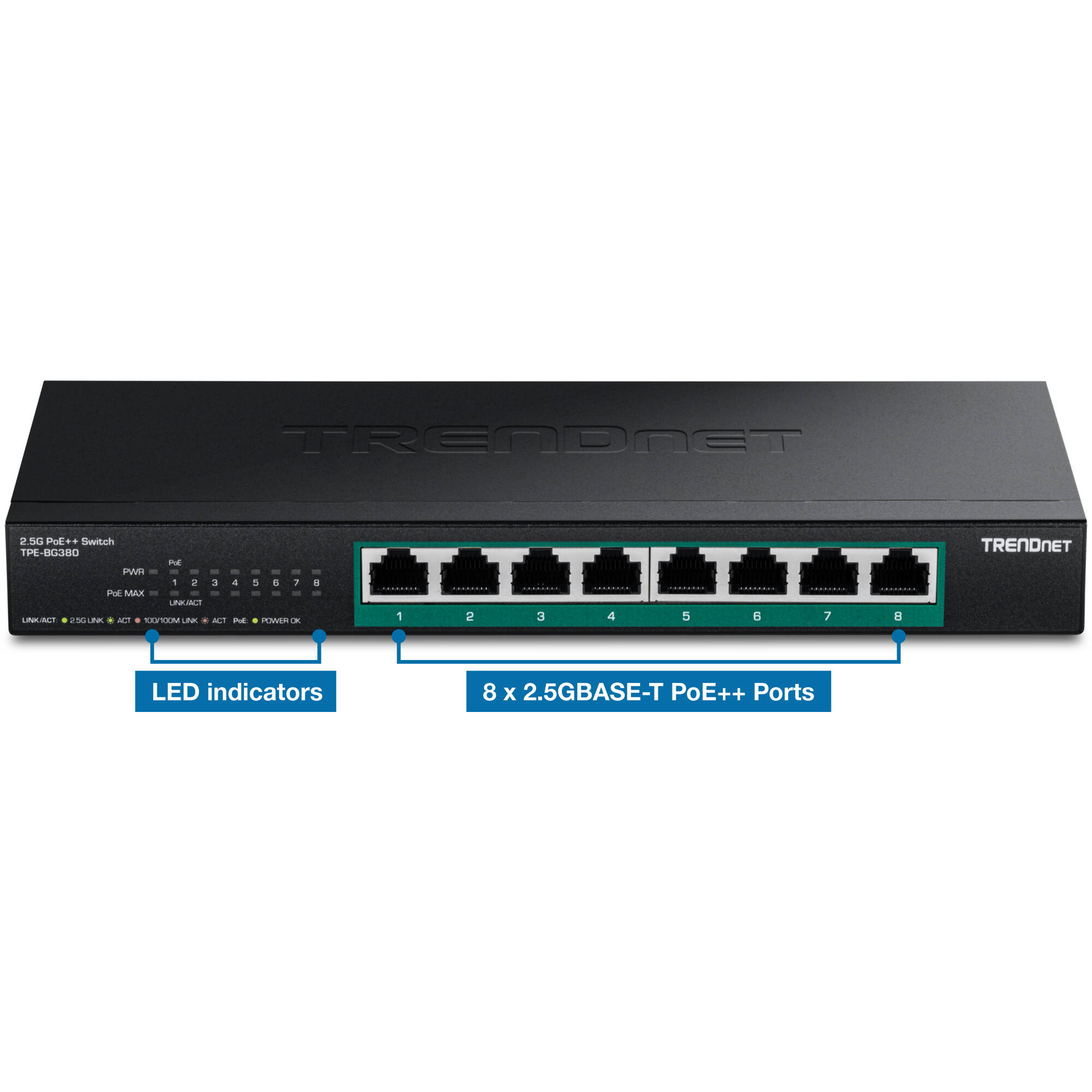 TRENDnet TPE-BG380 8-port 2.5G PoE++ switch with fanless wall-mountable design — view 5
