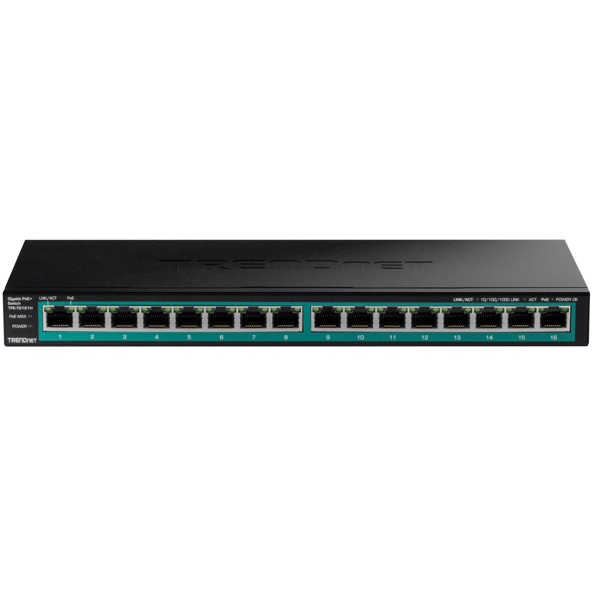 TRENDnet TPE-TG161H 16-port Gigabit PoE+ switch with 1U rack-mount design — view 2