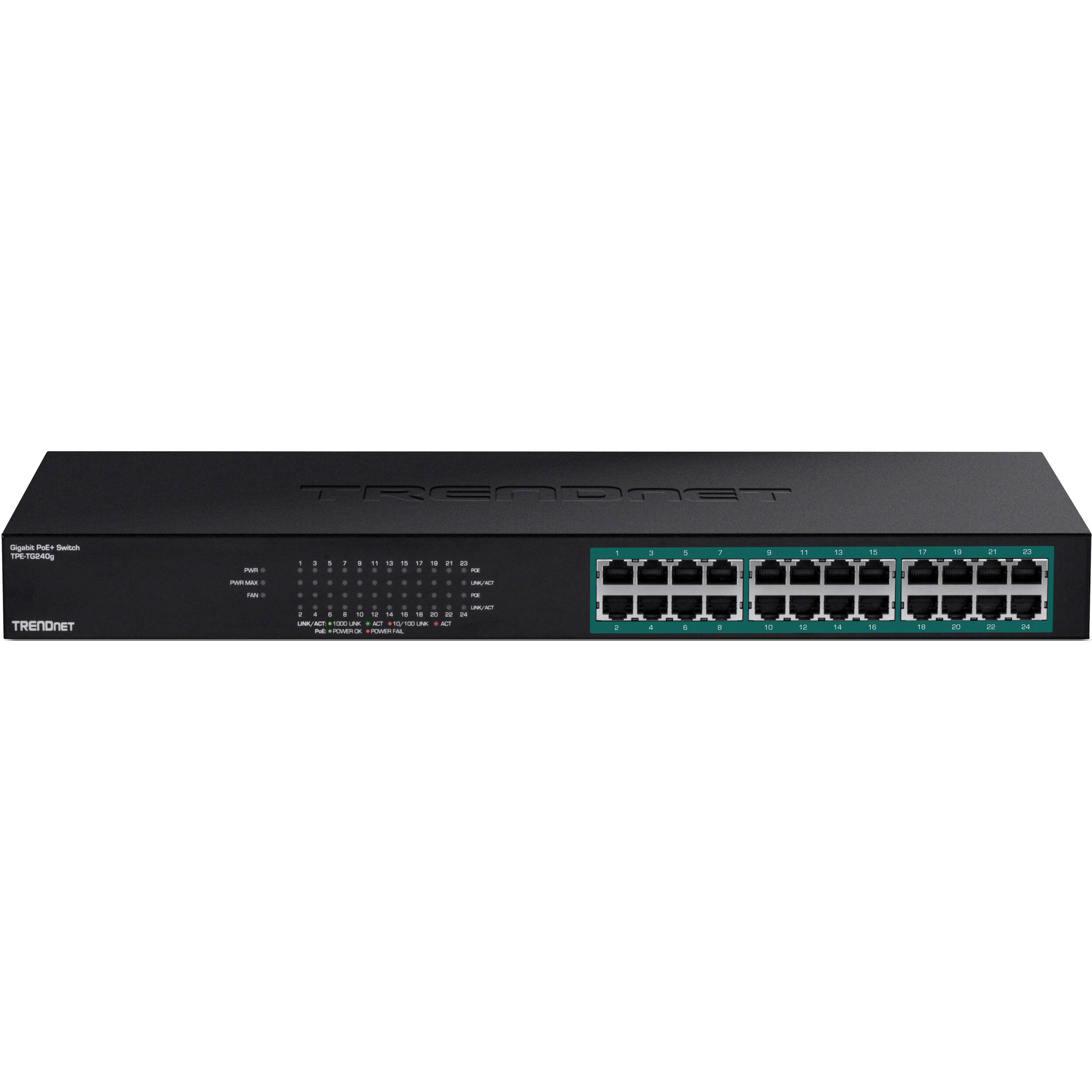 TRENDnet TPE-TG240G 24-port Gigabit PoE+ rack-mount switch with 370 W power budget — view 2