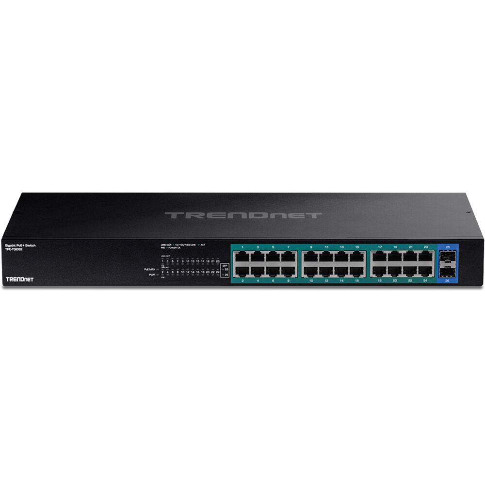 TRENDnet TPE-TG262 26-port Gigabit PoE+ switch with 24 PoE+ ports and 2 SFP slots — view 2