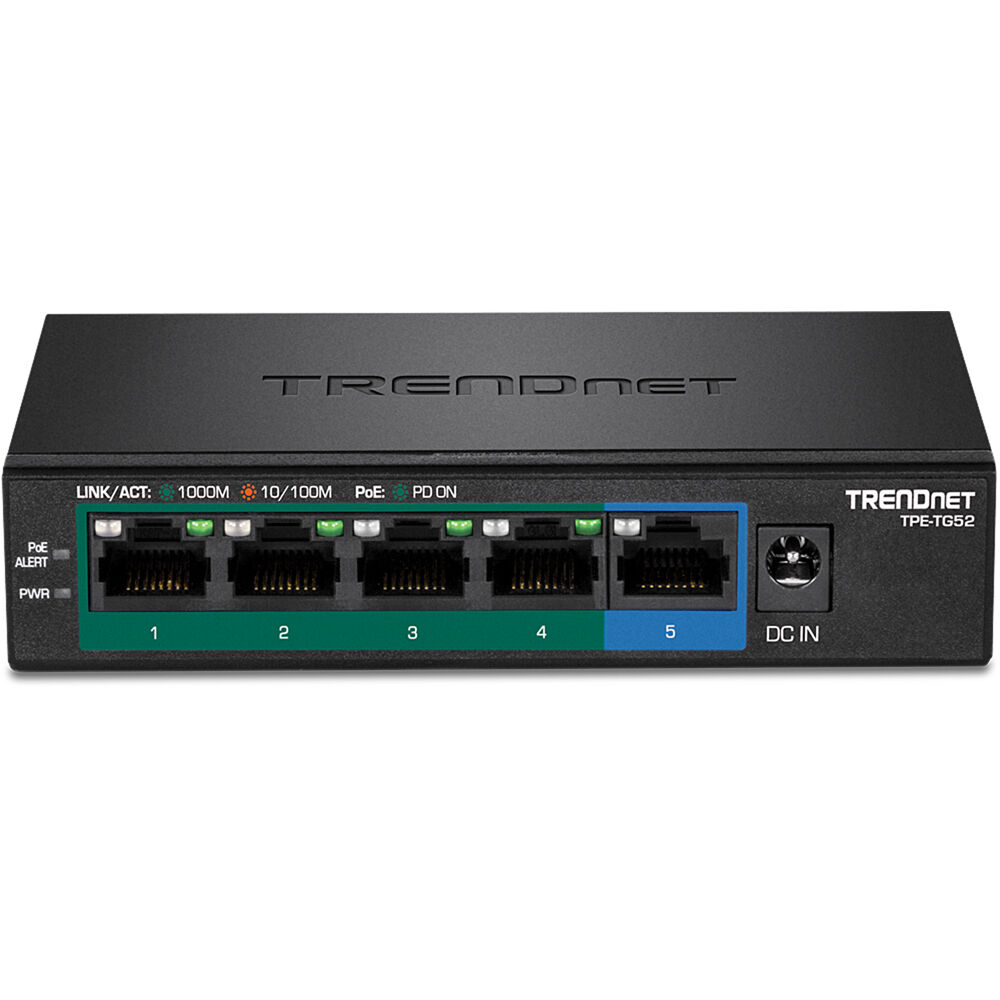 TRENDnet TPE-TG52 5-port Gigabit PoE+ switch with 32 W PoE budget and wall-mount design — view 2