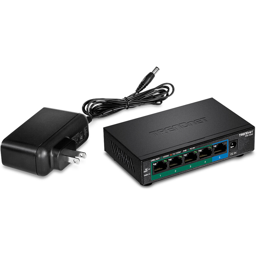 TRENDnet TPE-TG52 5-port Gigabit PoE+ switch with 32 W PoE budget and wall-mount design — view 5