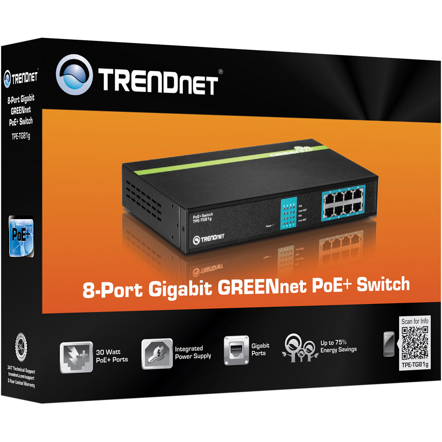 TRENDnet TPE-TG81G 8-port Gigabit PoE+ unmanaged switch for cameras, access points, and VoIP phones — view 5