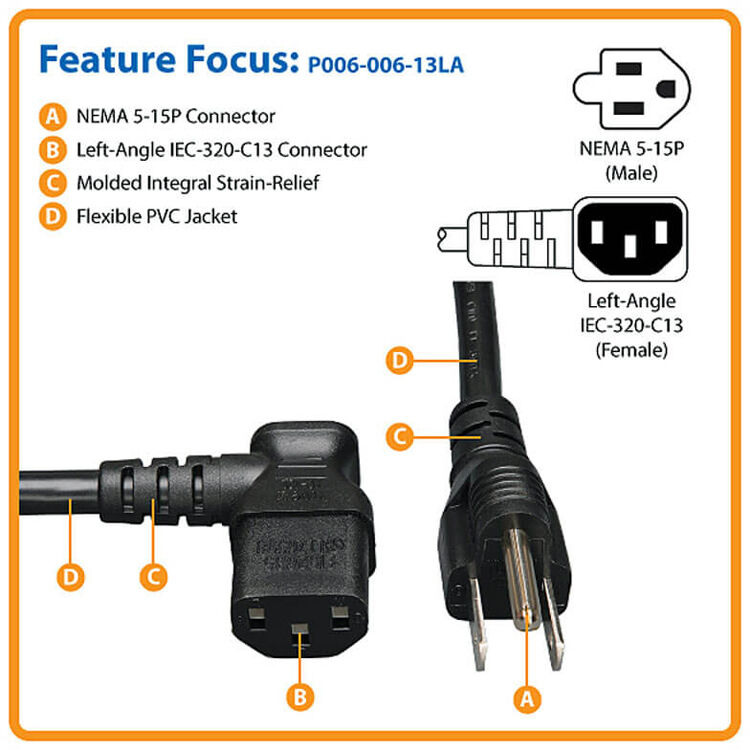 Computer Power Cord, NEMA 5-15P to Left-Angle C13 - 10A, 125V, 18 AWG, 6  ft. (1.83 m), Black — view 5