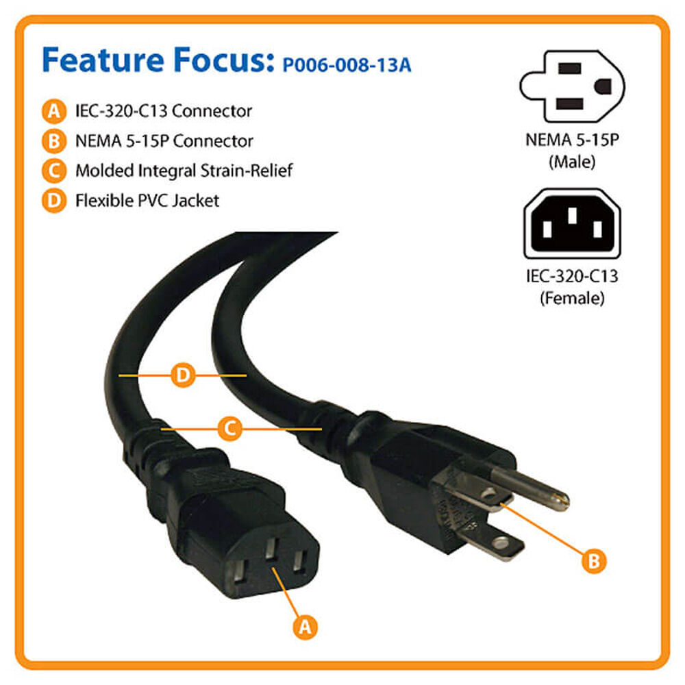 Desktop Computer AC Power Cable, NEMA 5-15P to C13 - 13A, 125V, 16 AWG, 8 ft. (2.43 m), Black — view 8