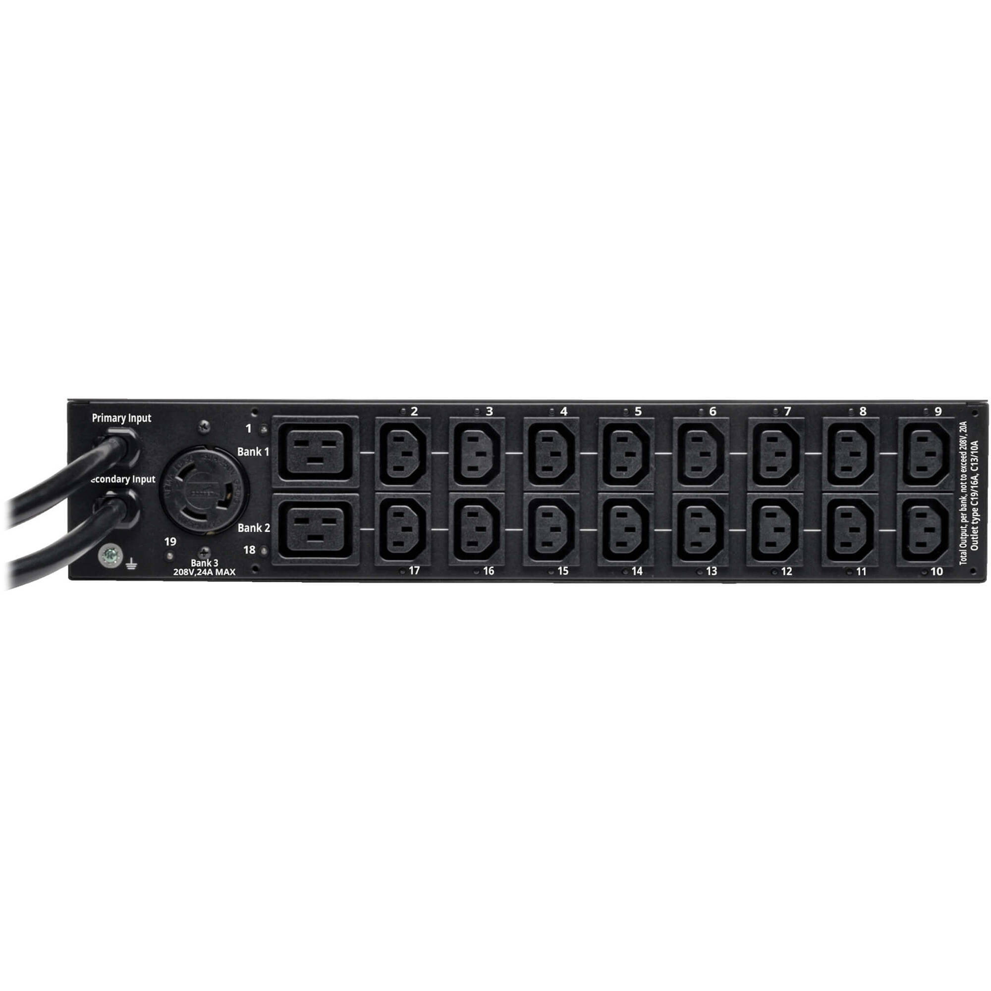 Tripp Lite PDU Switched ATS 208V / 240V 30A 16 C13; 2 C19; 1 L6-30R 2URM — view 3