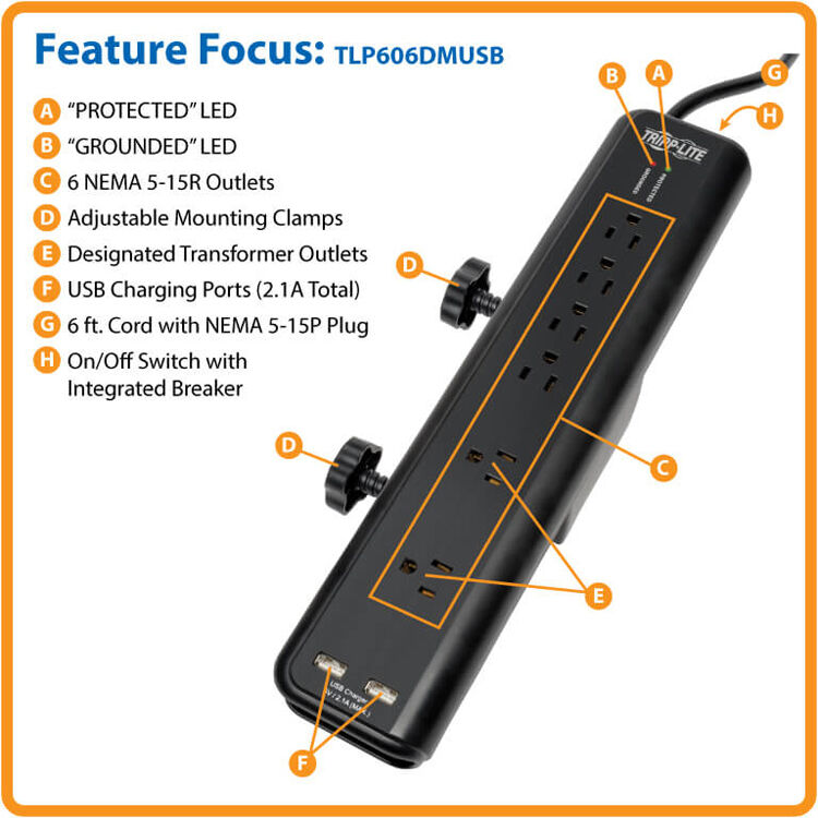 Eaton TLP606DMUSB surge desk mount strip with 6 outlets, USB charging, and 6 ft cord — view 4