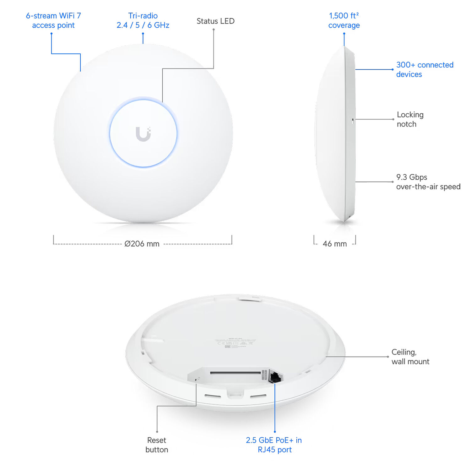 Ubiquiti UniFi U7-PRO-US WiFi 7 ceiling-mounted indoor access point — view 8