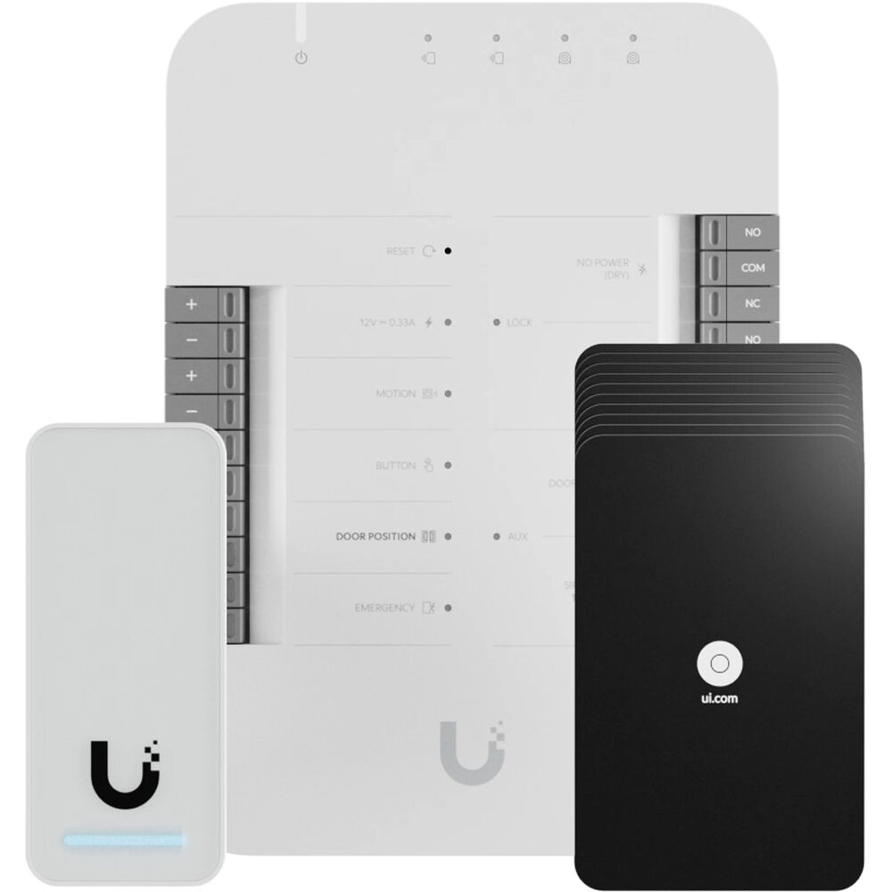 A Quick Start with Access with All You Need for One Door with One Reader. (1) UniFi Access Door Hub (1) Access Reader G2 (10) UniFi Access  Cards