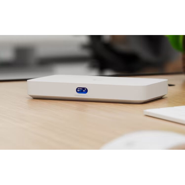 Ubiquiti Cloud Gateway Fiber desktop 10 GbE UniFi gateway with 10G SFP+ WAN, 2.5 GbE switch, and PoE+ port — view 7