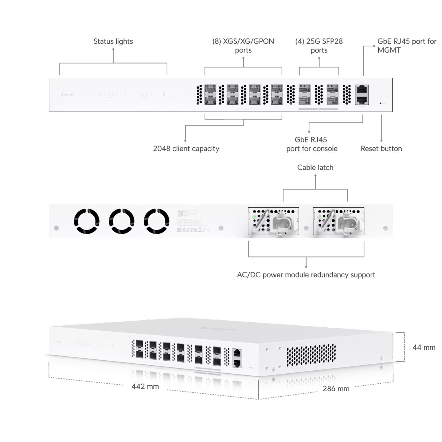 Ubiquiti UISP Fiber OLT XGS 1U rack-mount XGS-PON optical line terminal with 8 ports — view 6