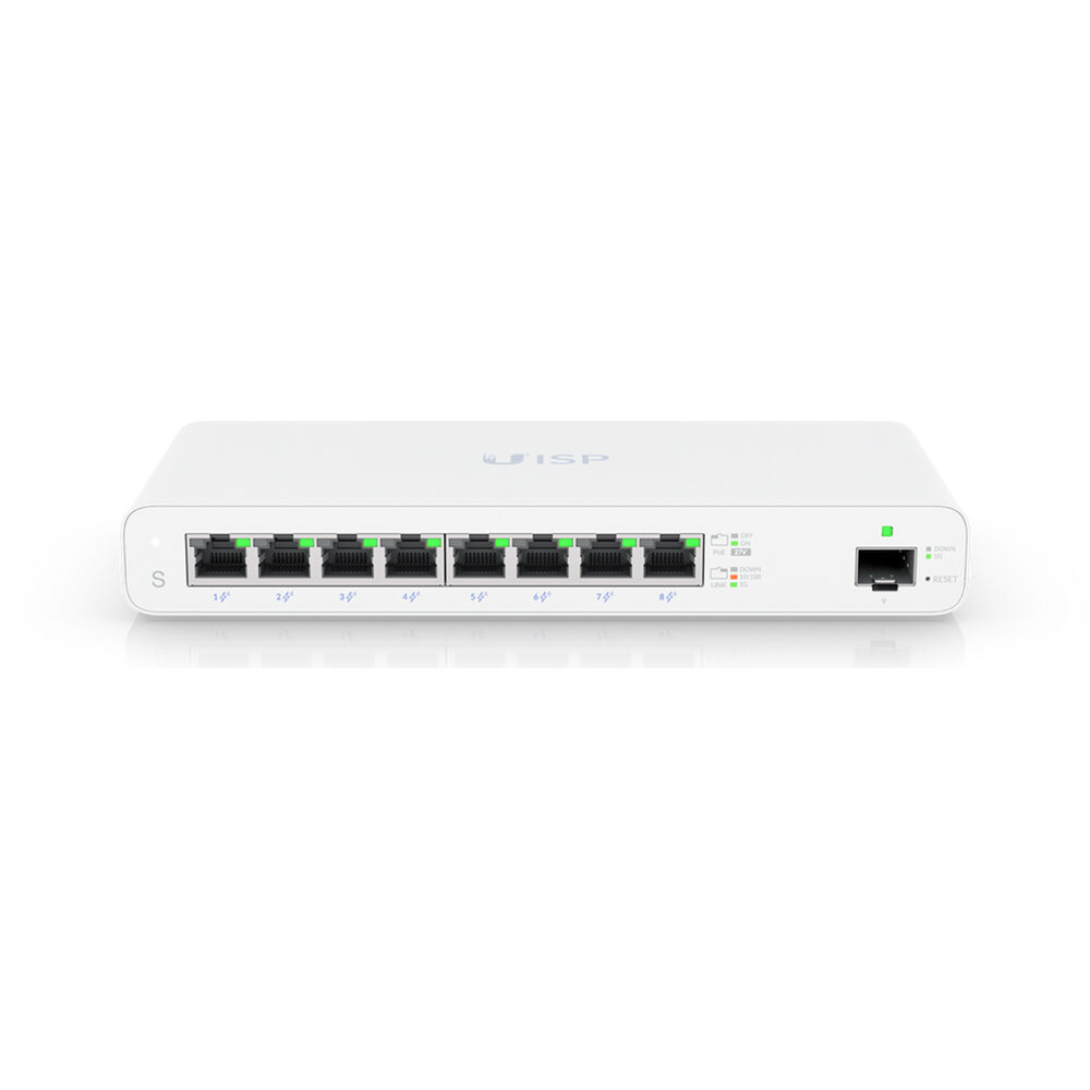 Ubiquiti UISP Switch fanless Layer 2 PoE switch with 8 Gigabit RJ45 ports and 1 SFP uplink — view 3