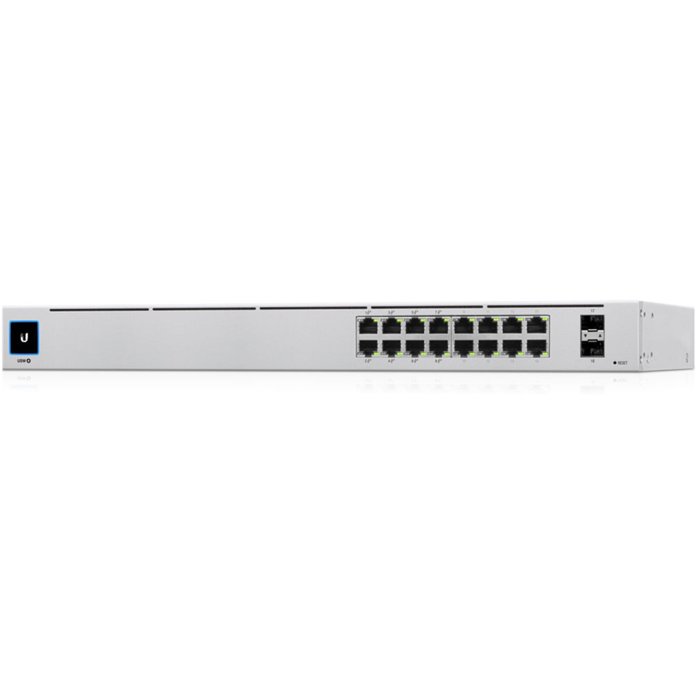 Ubiquiti UniFi USW-16-POE 16-port Gigabit Layer 2 PoE switch with 8 PoE+ ports and 2 SFP uplinks — view 2