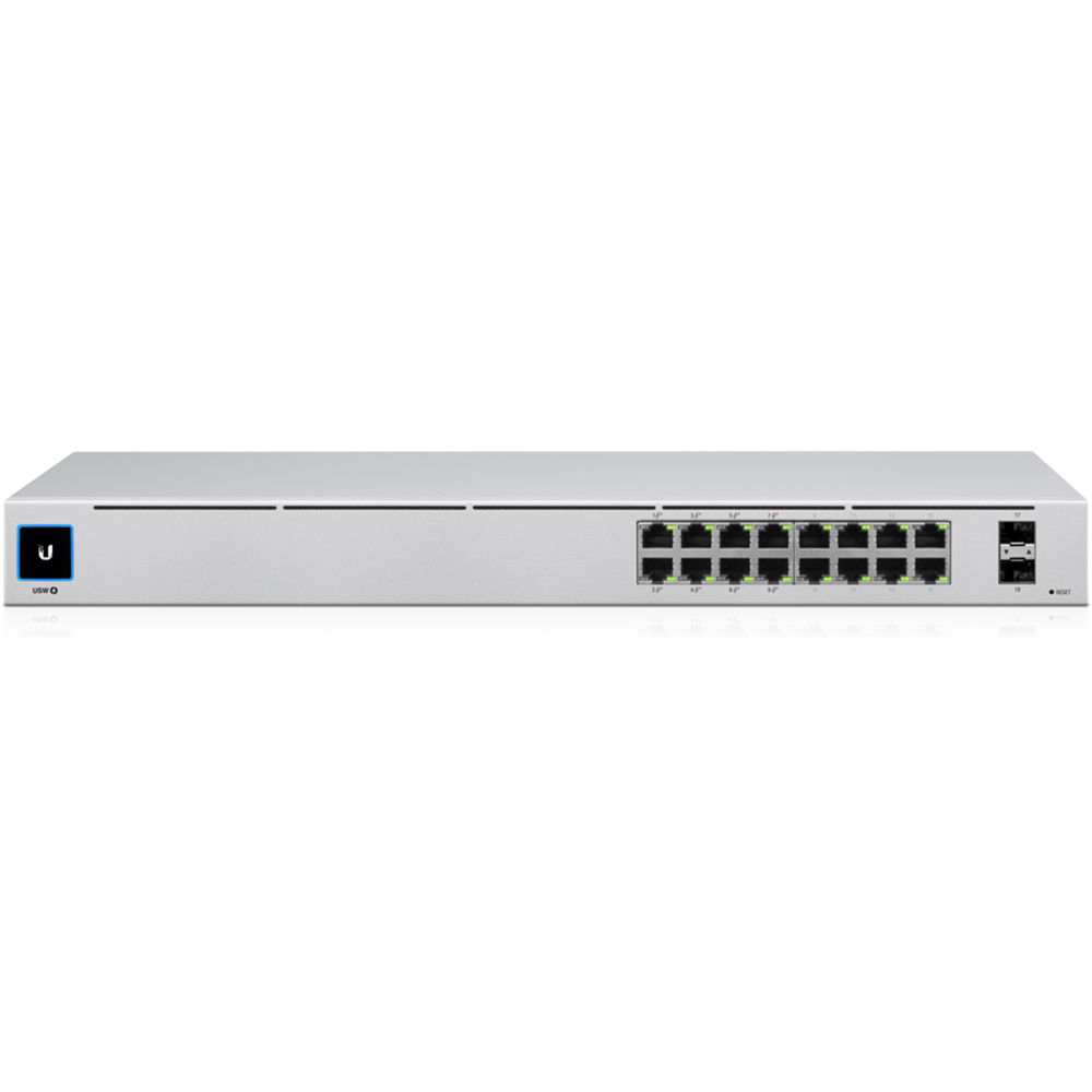 Ubiquiti UniFi USW-16-POE 16-port Gigabit Layer 2 PoE switch with 8 PoE+ ports and 2 SFP uplinks — view 3