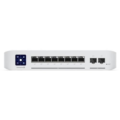 Ubiquiti Switch Enterprise 8 PoE with 8 2.5GbE PoE+ ports, 2 10G SFP+ uplinks, and touchscreen display — view 2