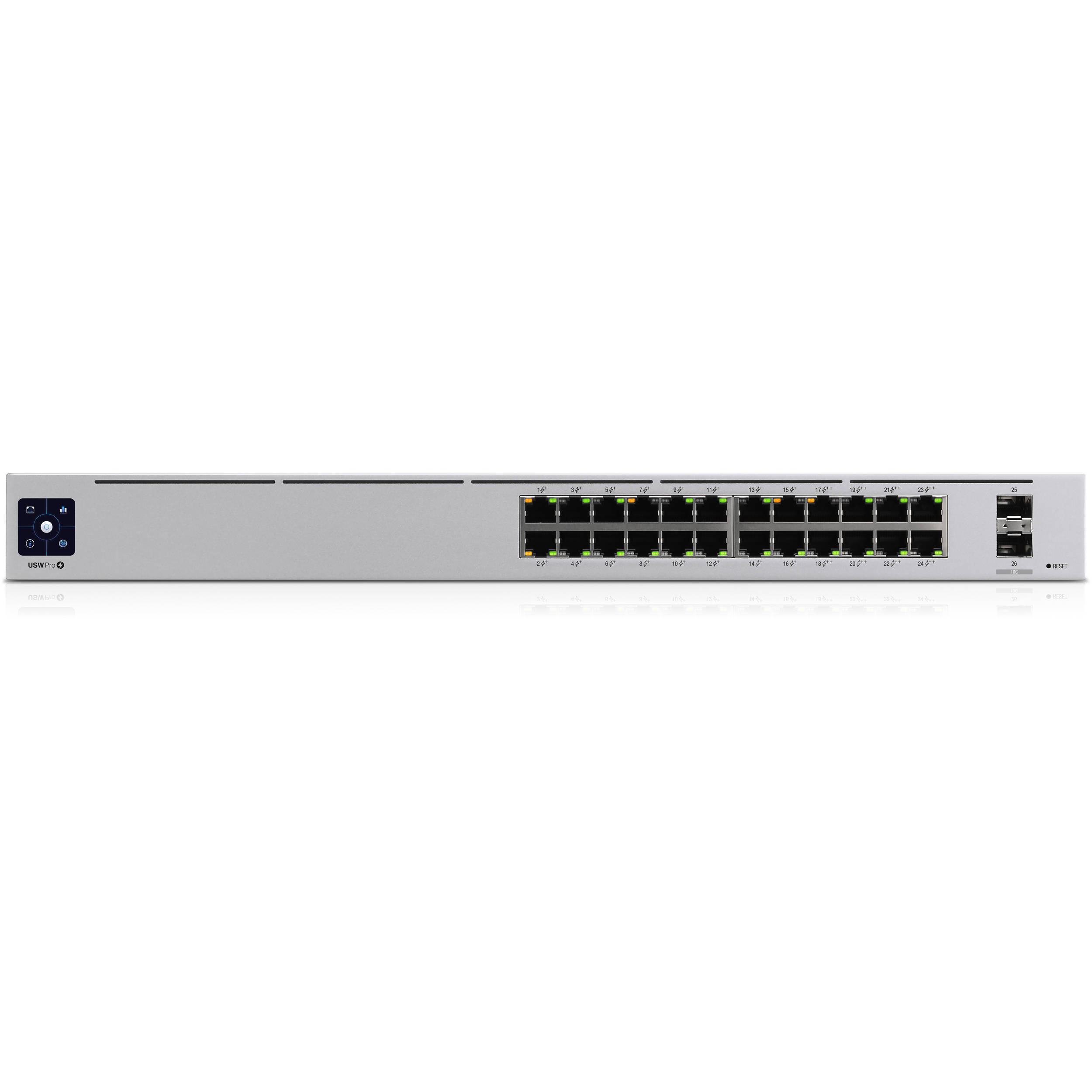 Ubiquiti UniFi USW-PRO-24-POE 24-port Gigabit PoE switch with 10G SFP+ uplinks and touch display — view 3