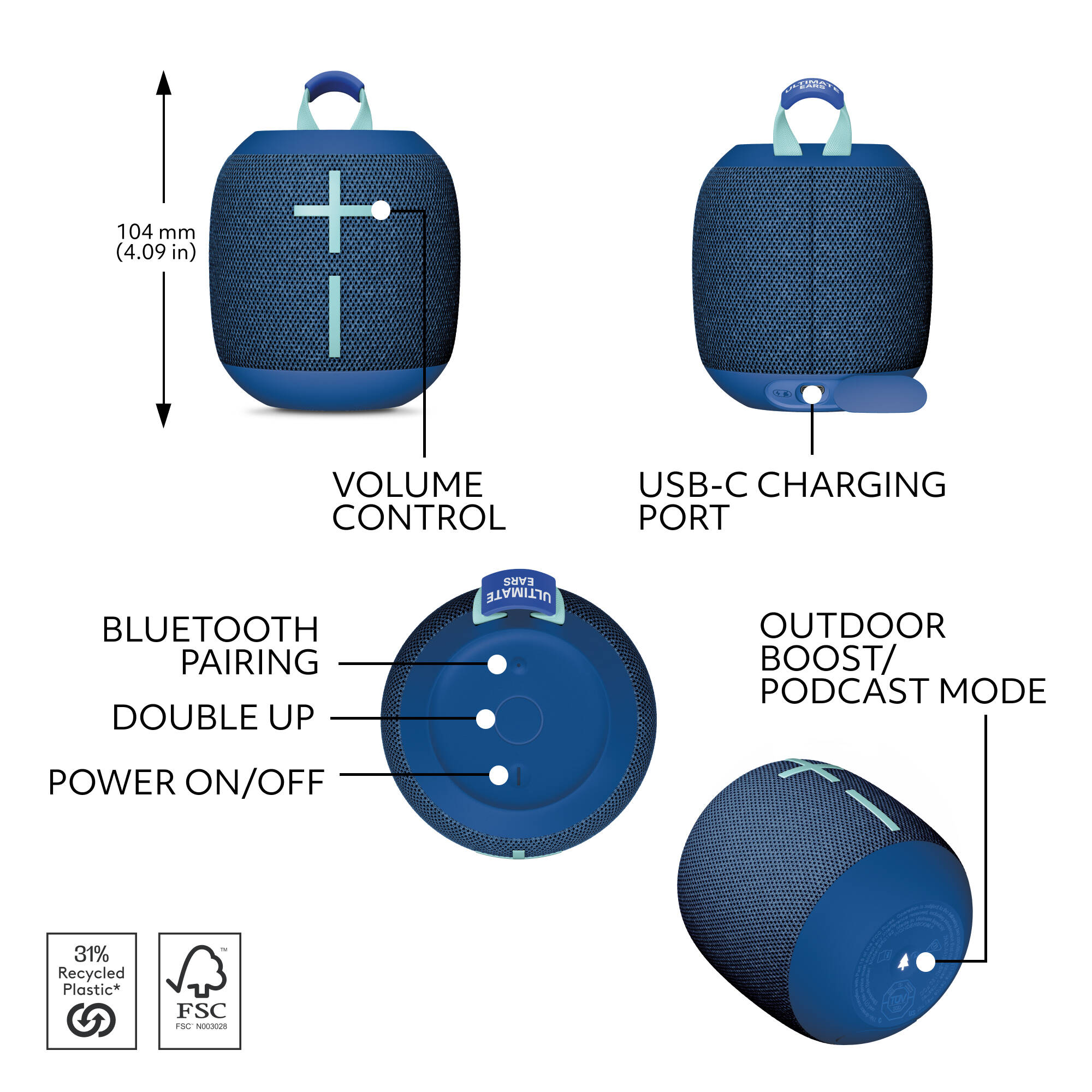 UE WONDERBOOM 4 portable Bluetooth speaker in Blue, compact small-footprint design — view 5